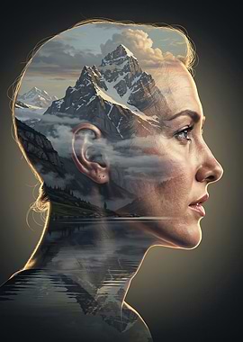 Double Exposure Portrait of a Woman with Mountains