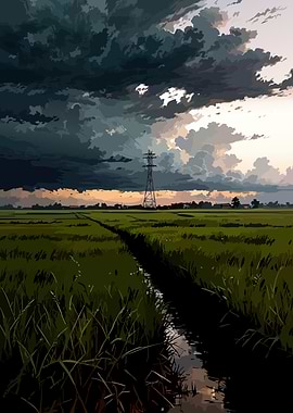 Stormy Sky Over Rice Paddies