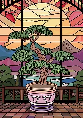 Stained Glass Bonsai Tree Landscape