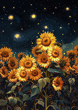 Sunflowers Under a Starry Night Sky