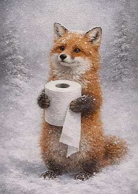 Fox Holding Toilet Paper in Snow