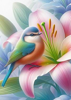 Colorful Bird on a Lily Flower