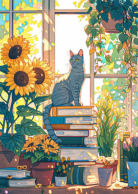 Cat on Books by Sunny Window