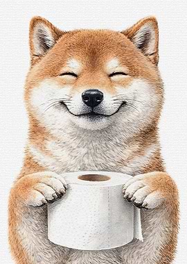 Shiba Inu holding toilet paper