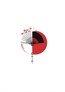 Japanese Fan with Cherry Blossoms and Sun Symbol