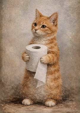 Ginger Cat Holding Toilet Paper