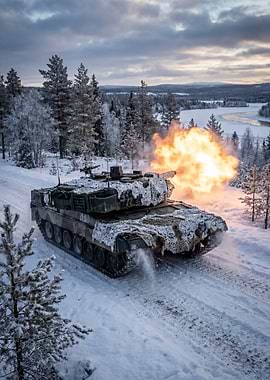 Tank firing in a snowy forest
