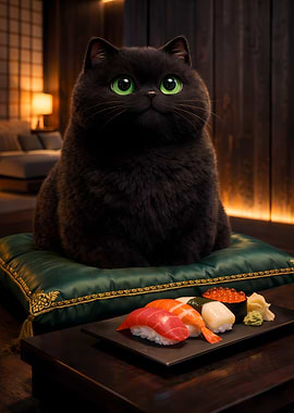 Majestic Black Cat on Luxury Silk Cushion with Sushi 3D Art