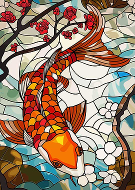 Stained Glass Koi Fish and Cherry Blossoms