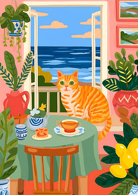 Cat by the Ocean Window