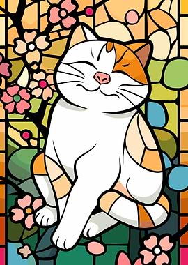 Stained Glass Cat with Flowers