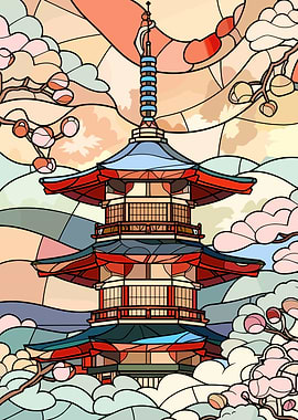 Japanese Pagoda with Cherry Blossoms