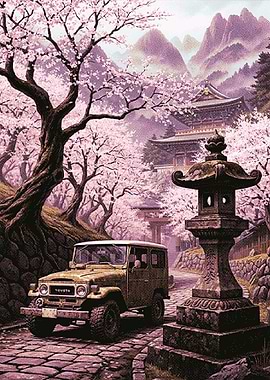 Vintage Toyota Land Cruiser in Cherry Blossom Scenery