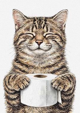 Cat Holding Toilet Paper Roll