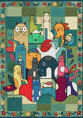 Whimsical Cat Illustration with Floral Border