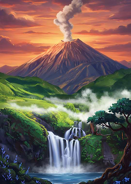 Volcano Erupting Over Lush Landscape