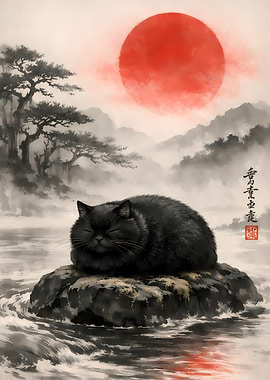Sleeping Black Cat on Zen River Rock Japanese Style