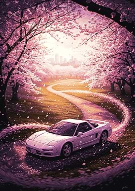 White Sports Car Under Cherry Blossoms