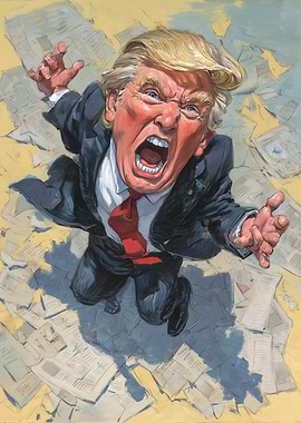 Donald Trump yelling amidst newspapers