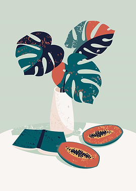 Still life with monstera leaves and papaya