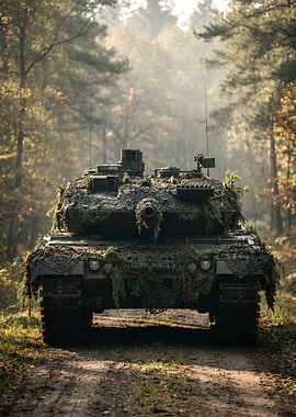 Camouflaged Tank in Autumn Forest