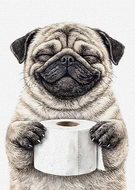 Happy Pug Holding Toilet Paper