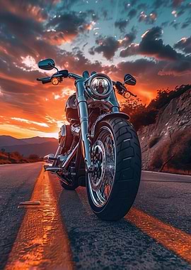 Motorcycle on a Road at Sunset