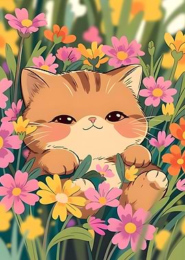 Cute Kitten in a Field of Flowers