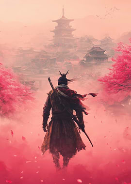 Samurai in a Pink Blossom Landscape