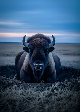 Bison resting in a field at dusk