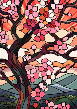 Stained Glass Cherry Blossoms at Sunset