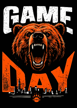 Game Day Bear Poster, Fierce Sports Mascot Wall Art, Football Fan City Skyline Print