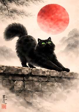 Chubby Black Cat Stretching on Traditional Zen Wall Art
