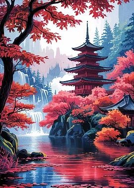 Japanese Pagoda and Waterfall