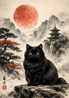 Black Cat on Zen Mountain with Japanese Pagoda Art