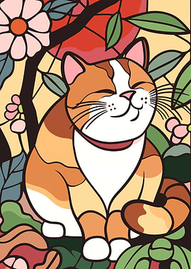 Happy Orange and White Cat in Flowers