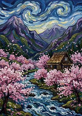 Van Gogh Inspired Japanese Village Painting