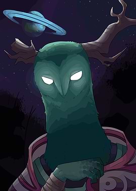 Cosmic Owl Creature with Antlers