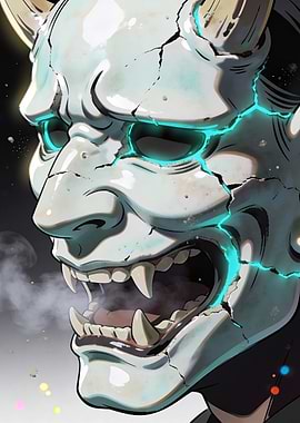 Cracked Oni Mask with Glowing Eyes