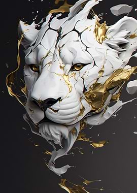 Abstract White Lion with Gold Splatter