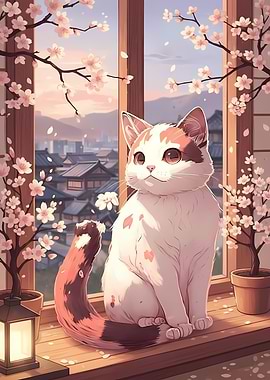 Cat by Cherry Blossoms
