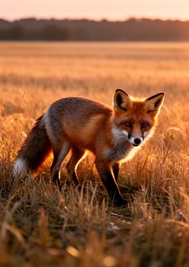 Red Fox in Golden Field at Sunset