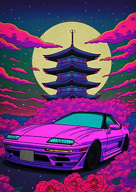 Retro Japanese Car and Pagoda
