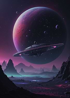 Neon Alien Landscape with Hovering Saucer and Giant Purple Planet - Sci‑Fi Digital Art