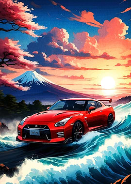 Red Nissan GT-R driving through waves