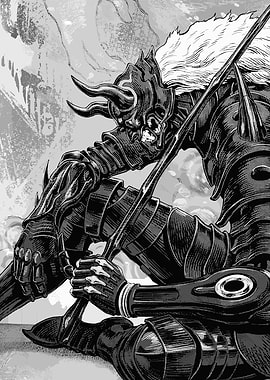 Dark Knight with Horned Helmet and Spear