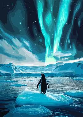 Penguin Under Aurora Borealis