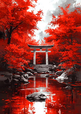Torii Gate in Autumn Red Forest