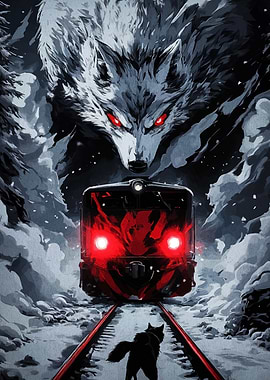 Wolf and Train in Snowy Landscape