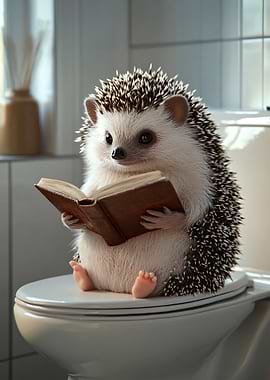 Hedgehog Reading a Book on Toilet